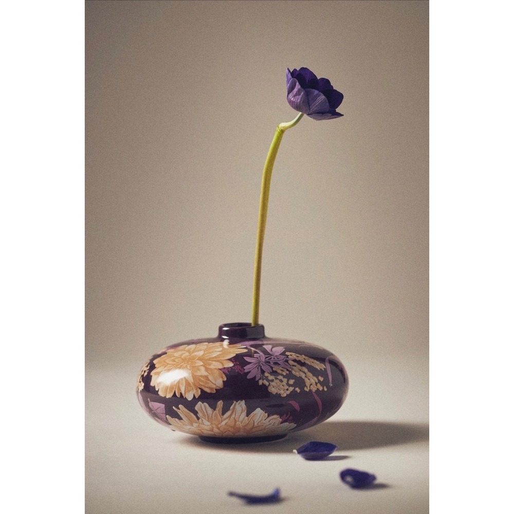 Anthropologie Jade Purple Floral Ceramic Bud Vase Round Squat Dahlia 7.5" NEW